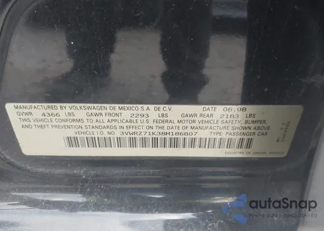 2008 Volkswagen Jetta Se/Sel z USA, uszkodzony, nr VIN 3VWRZ71K38M186807